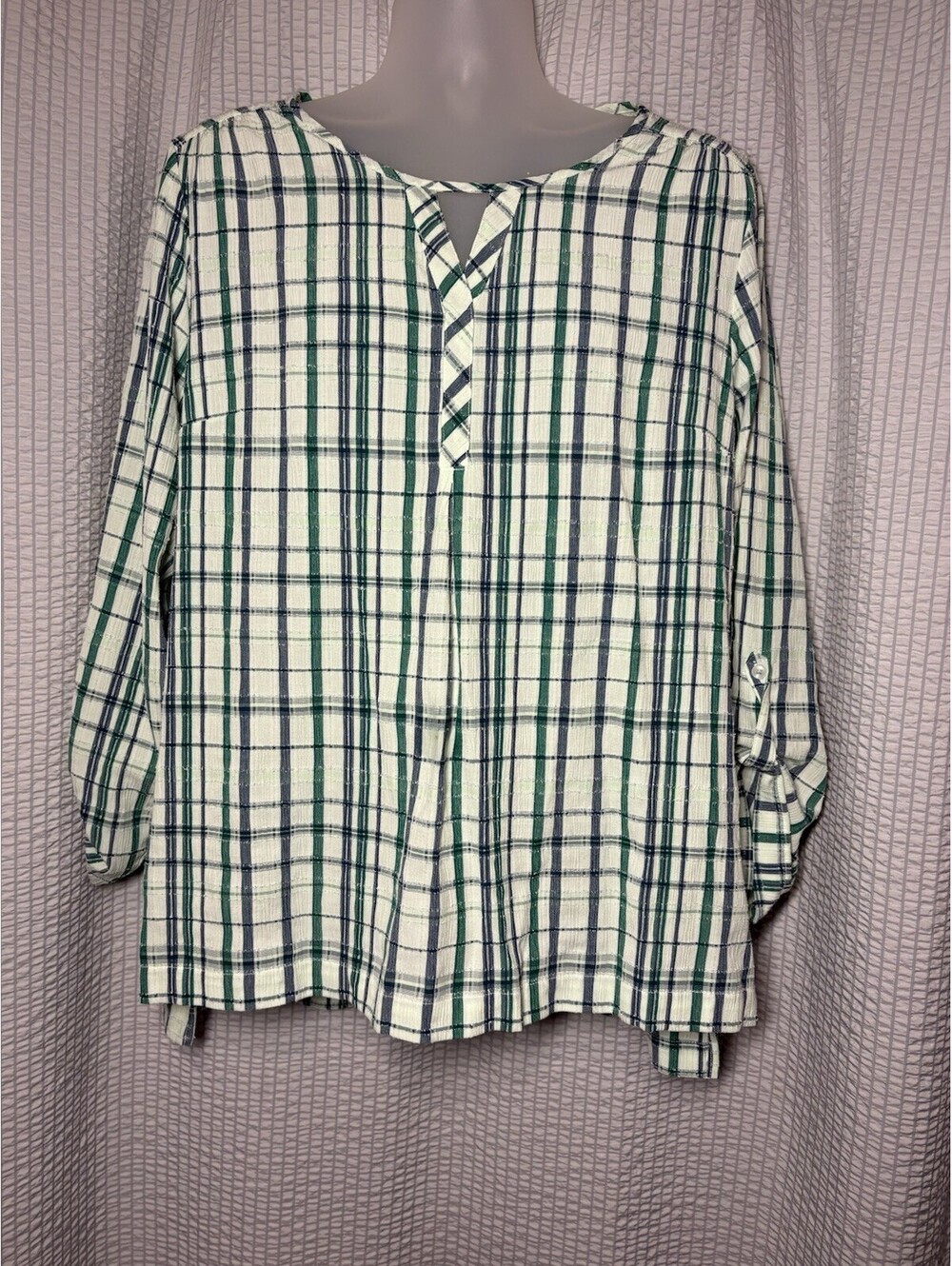 Christopher & Banks Tunic Top Women’s Green Black Plaid Rolled Sleeve SZ XL
